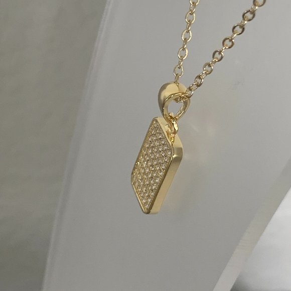 NEW Gold Tone Pave Set Rectangular Cubic Zirconia CZ Pendant + Chain - Picture 3 of 4
